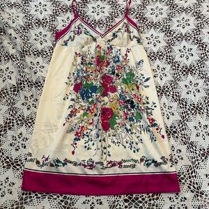 eci New York Cream Floral Satin Slip Dress with Fuchsia Trim